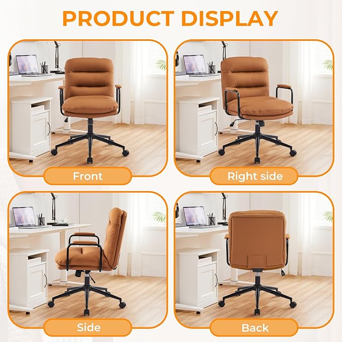 Furniliving Leather Home Desk Chair, Comfortable Executive Office Chair with Wheels, Ergonomic Computer Task Chair Adjustable Height, Brown