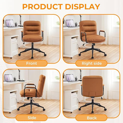 Furniliving Leather Home Desk Chair, Comfortable Executive Office Chair with Wheels, Ergonomic Computer Task Chair Adjustable Height, Brown