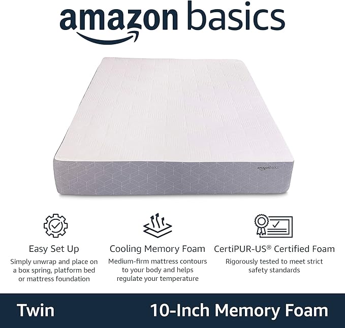 Amazon Basics Memory Foam Mattress, Medium Firm, Cooling Gel, Twin Size Mattress, CertiPUR-US® Certified Foam, 75 x 39 x 10 inches, White/Gray