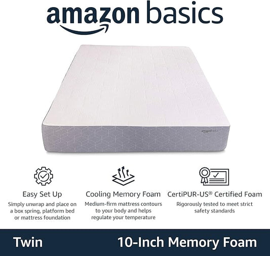 Amazon Basics Memory Foam Mattress, Medium Firm, Cooling Gel, Twin Size Mattress, CertiPUR-US® Certified Foam, 75 x 39 x 10 inches, White/Gray