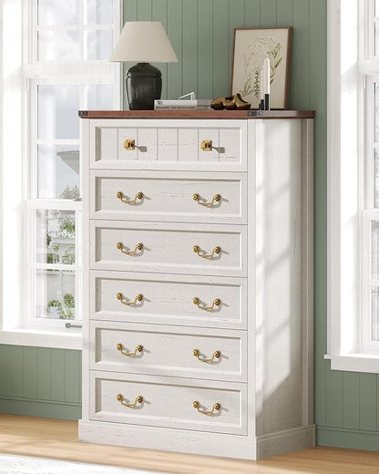 AOGLLATI Farmhouse Dresser with 6 Drawers, 51.2”Tall Wooden Rustic Chest of Drawers with Natural Texture, Vintage Design, Bedroom Dressers with Drawers for Bedroom, Antique White