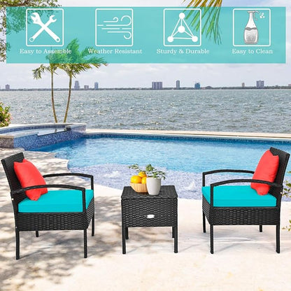 COSTWAY Rattan Patio Furniture Set 3 Pieces, Wicker Conversation Set with Tempered Glass Coffee Table, Seat Cushions, Outdoor Chair Wicker Sofa for Backyard Balcony Porch Poolside, Turquoise