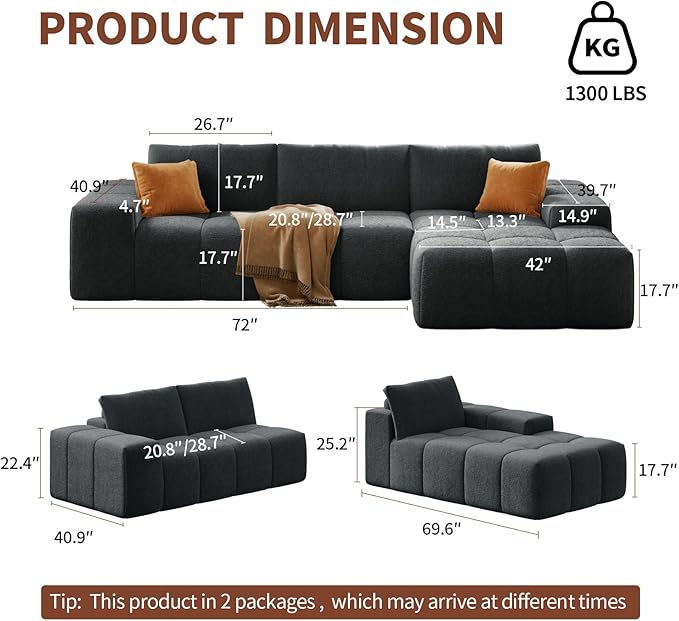 114” Oversized Modular Sectional Couch for Living Room, Chenille Boneless Couch L-Shape Cloud Sofa with Deep Seat and Chaise, Memory Foam Compressed Sofa for Living Room Furniture Bedroom Apartment