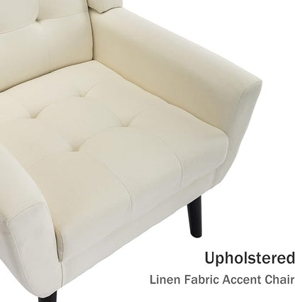 Dolonm Midcentury Modern Accent Chair with Arms, Upholstered Fabric Reading Side Chair Tufted Back Decorative Wingback Chair for Living Room Bedroom (Beige)