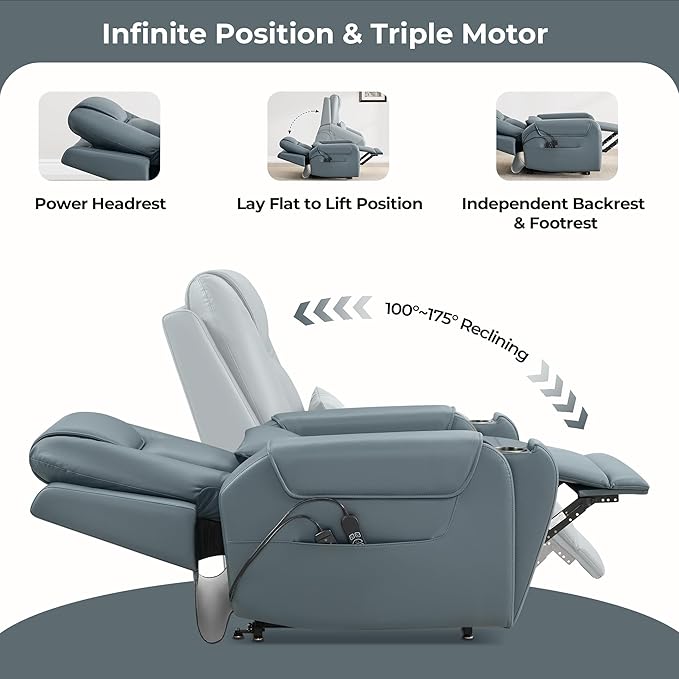 CHITA Electric Power Lift Recliner Chair for Elderly with Massage and Heat, Large Lay Flat Genuine Leather Recliner Chair with Cup Holders, USB Ports, Power Headrest, Independent Backrest, Navy