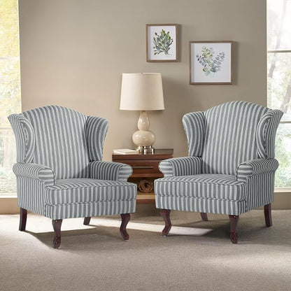 Pia Ricco Set of 2 Stripe High Back Accent Chairs: Upholstered Fabric Armchairs with Solid Wood Legs - Retro Living Room Pair, Comfy Reading Sofa Seats-Gray