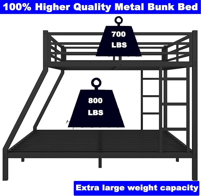 Upgraded Version Thicken Stronger Metal Queen Over King Bunk Bed, Heavy-Duty Best Bunk Bed Queen Over King Size, Bunkbed Frame for Adults with Ladders, Easy Assemble (Queen Over King)