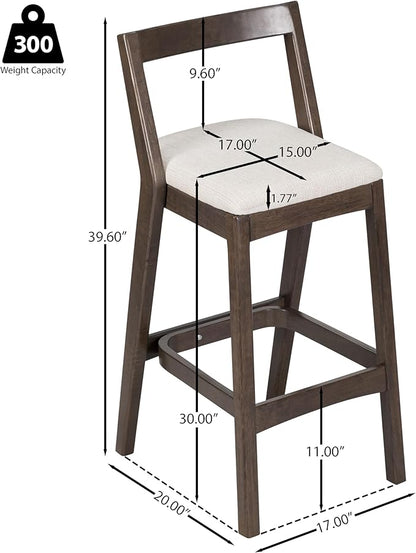 Christopher Knight Home Yone Counter Height Bar Stools Set of 2, Comfy Fabric Upholstered Bar Stool for Kitchen Island, Wooden Dining Room Chair, Barstools with Footrest/Backrest, Beige + Dark Brown