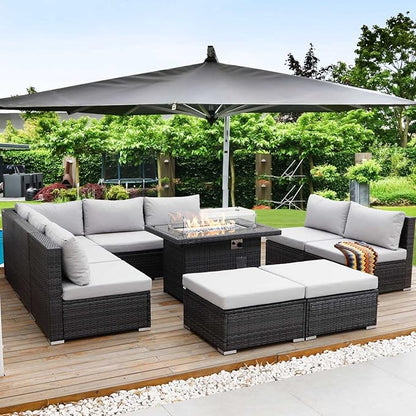 NICESOUL 10 Piece Modern Outdoor Patio Furniture Set with Firepit Natural Gas Propane Convertible, 29.3'' High Back Extra Large Size Wicker Conversation, Deep Wide Comfortable Couch for Outside, Grey