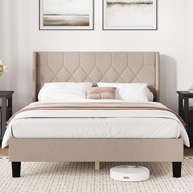 Novilla Queen Size Bed Frame, Queen Bed Frame with Headboard, Linen Upholstered Pull-Point Wing Side Headboard, No Box Spring Needed, Heavy Duty Feet, Easy Assembly, Beige
