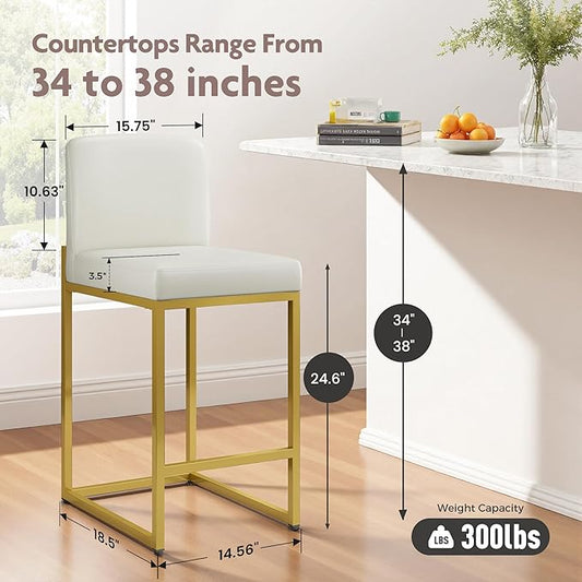 ALPHA HOME 24 Inch Bar Stools Set of 4, Kitchen Counter Stools with Backs, PU Leather Barstools, White Bar Stools with Upholstered Footrest, Sturdy Chromed Metal Steel Frame, White