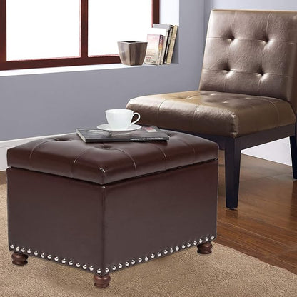 Leather Storage Ottoman Bench Foot Rest Stool with Nailhead Trim (Dark Brown - Button Tufted Leather)