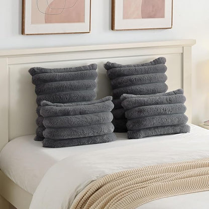 FUTEI Dark Grey Decorative Throw Pillow Covers 20x20 Inch Set of 2, Square Soft Faux Rabbit Fur Big Striped Cushion Cover,Home Decor for Couch Sofa Bed Living Room