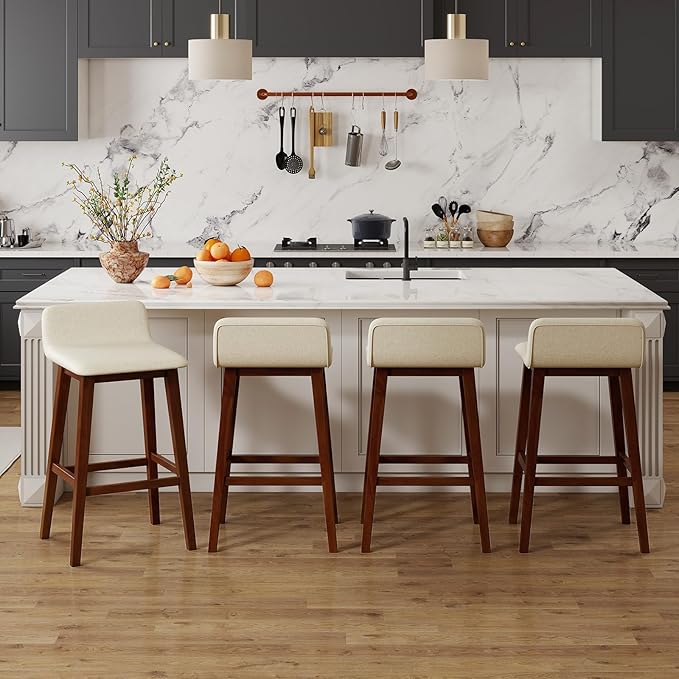 COSTWAY Wooden Bar Stools Set of 4, 29-inch Height Upholstered Padded Seat, Low Backrest, Footrest, Rubber Wood Legs, Armless Bar Chairs for Kitchen Counter Island, Dining Room, Brown+Beige