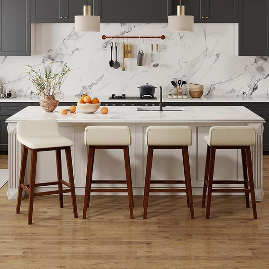 COSTWAY Wooden Bar Stools Set of 4, 29-inch Height Upholstered Padded Seat, Low Backrest, Footrest, Rubber Wood Legs, Armless Bar Chairs for Kitchen Counter Island, Dining Room, Brown+Beige