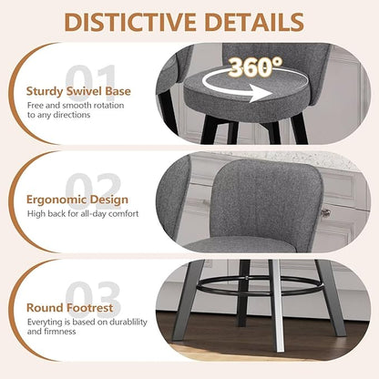 MINCETA Bar Stools Set of 2, 26 Inch Upholstered Barstools with Backrest and Footrest, Swivel Counter Height Barstools for Kitchen Island Home Bar Gray