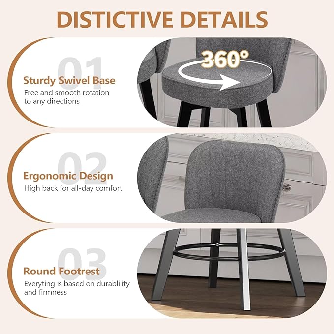 MINCETA Bar Stools Set of 4, 26 Inch Upholstered Barstools with Backrest and Footrest, Swivel Counter Height Barstools for Kitchen Island Home Bar Gray