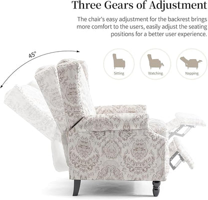 Wingback Recliner Chair Set of 2, Floral Fabric Pushback Recliner Chair, Upholstered Armchair Push Back Recliner, Rivet Trim Single Sofa Accent Chair with Wood Legs for Living Room, Beige