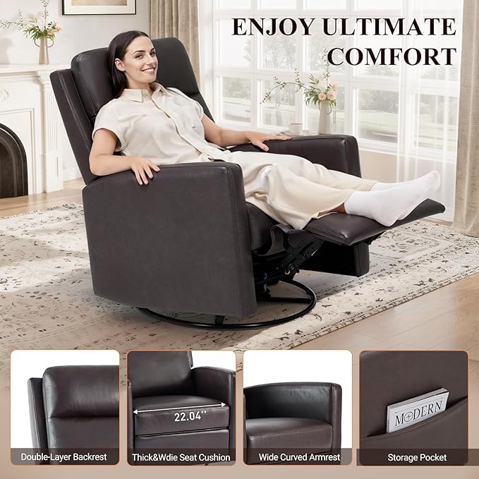 COLAMY Swivel Rocking Recliner,Wide PU Leather Glider Sofa Chair with Ergonomic High Backrest for Living Room,Bedroom（Chocolate Brown ）