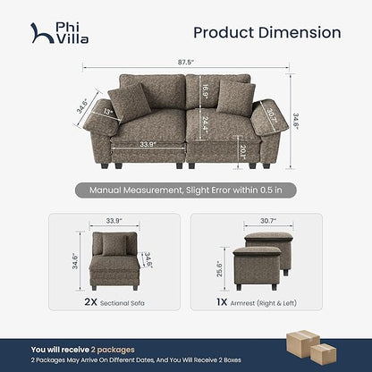 PHI VILLA Indoor Modular Couches Sets, 87.5" Sectional Loveseat Sofa with Upholstered Deep Seat, 2-Seater Comfy Couches for Living Room Bedroom, Chenille Fabric, Smoky Grey