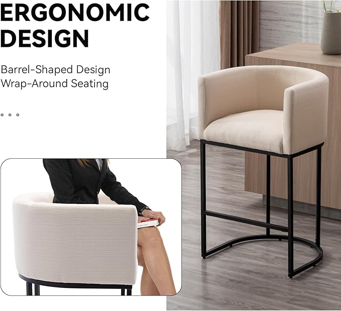 Contemporary Cream Linen Bar Stools Set of 2, 29" Upholstered Fabric Counter Height Barstools Kitchen Counter Island Stools with Screwed Together Black Metal Base