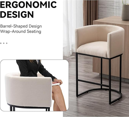 Contemporary Cream Linen Bar Stools Set of 3, 29" Upholstered Fabric Counter Height Barstools Kitchen Counter Island Stools with Black Metal Base