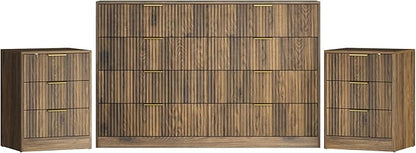 3-Piece Modern Bedroom Furniture Set, Wide 8-Drawer Dresser & 3-Drawer Nightstands Set of 2, Natural Wood Dresser and Nightstand Sets for Bedroom, Hallway, Walnut