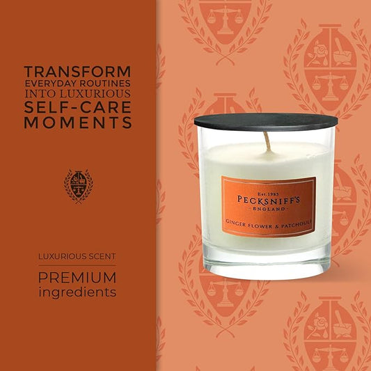 Pecksniff's Classic Gingerflower & Patchouli Scented Candle - Single Wick in Elegant Glass Vessel, 184g/6.49oz