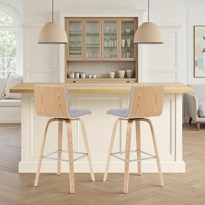Vienna Modern Swivel Bar Height Stool with Grey Upholstered Seat and Patterned Oak Wood Frame Set of 4