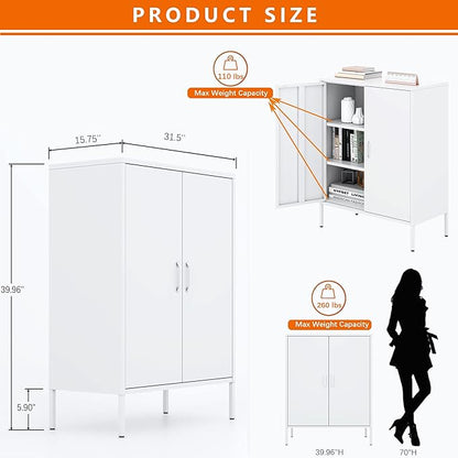 Metal Storage Cabinet with Doors and Shelves,Multipurpose Storage Rack, 3-Tier Shelf,Metal Locker Style Accent Cabinet for Home Office,Living Room,Kitchen(White, 40''H)