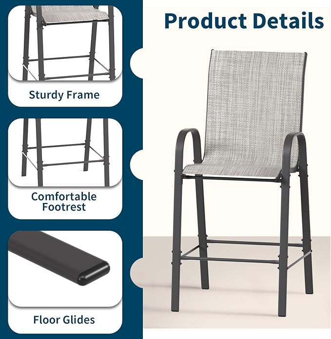 Amopatio Outdoor Stools Set of 2, Comfortable All-Weather Textile Bar Height Patio Chairs, Sturdy High Back Outdoor Chairs for Backyard, Porch, Light Grey