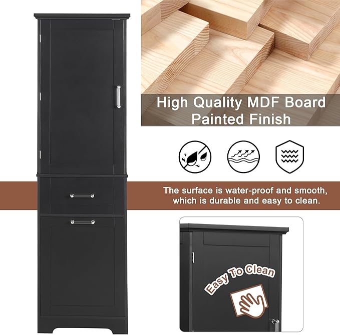 Tall Bathroom Storage Cabinet, Freestanding Storage Cabinet with 1 Door, 2 Different Size Drawers for Bathroom Living Room (Black)