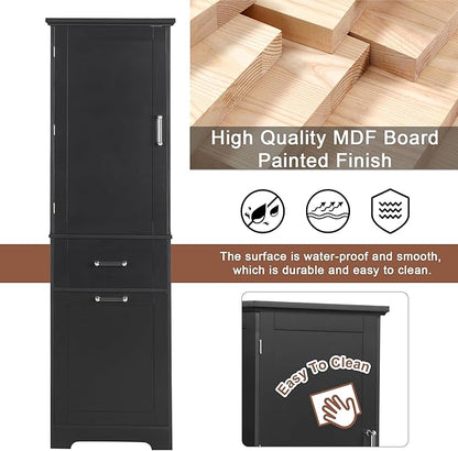 Tall Bathroom Storage Cabinet, Freestanding Storage Cabinet with 1 Door, 2 Different Size Drawers for Bathroom Living Room (Black)