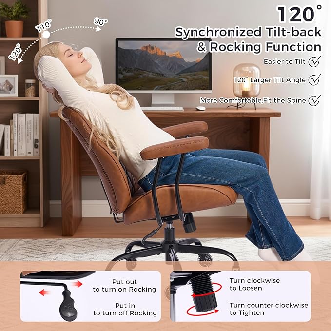 BEWISHOME Ergonomic Home Office Chair, Mid-Century Modern Brown Leather Desk Chair with Robber Casters Lumbar Support Adjustable Height Rolling Swivel Chair Executive Task Armrests BBY01Z
