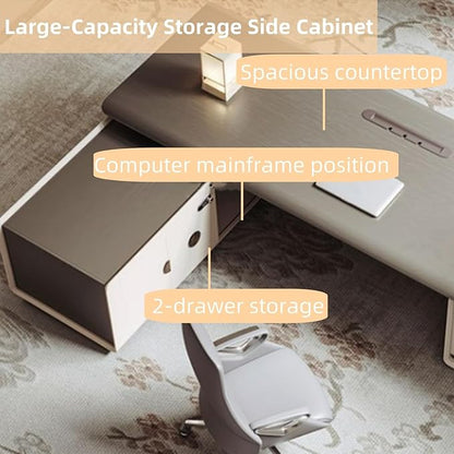 86IN L-Shaped Executive Desk with Drawer Cabinet, Executive Office Desk with LED Strip & Exquisite Handle & Fashionable Pattern Design