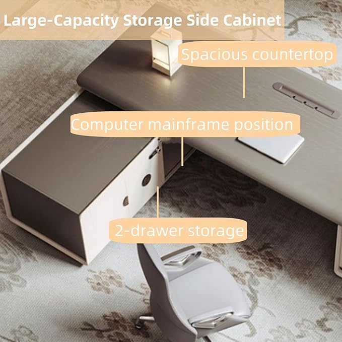 94IN L-Shaped Executive Desk with Drawer Cabinet, Executive Office Desk with LED Strip & Exquisite Handle & Fashionable Pattern Design