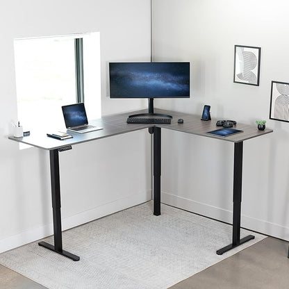 VIVO Corner Standing Desk, 75 x 63 inch Reversible L-Shaped Workstation, Electric Height Adjustment, Home, Office, and Reception Rooms, Dark Gray Table Top Black Frame, DESK-E3CTG-75