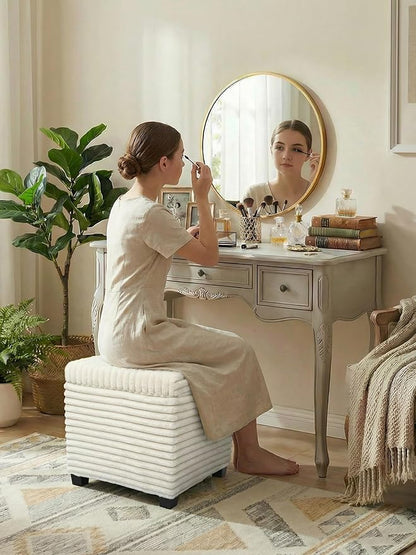 17.7 inches Faux Fur Ottomans Cube with Legs, Metal Framed Vanity Stool Chair Storage Ottoman Foot Rest Stool, Holds 770 LB for Dorm Living Room Bedroom White UASND644W