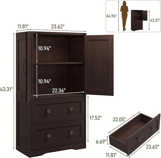 Farmhouse Bathroom Storage Cabinet with 2 Big Drawers and Barn Doors, Kitchen Pantry, Freestanding Storage Cabinet with Adjustable Shelves for Bathroom, Living Room, Kitchen(Espresso)