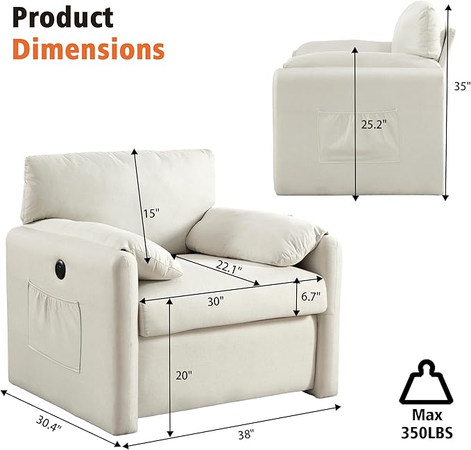 Oversized Accent Chair 38" Wide Mid-Century Modern Armchair for Living Room,USB and Type-C Ports,Comfy Reading Chairs for Bedroom with Side Pockets,Single Sofa Chair (Beige, Set of 1)