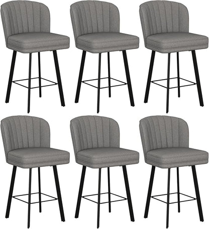 Swivel Counter Height Bar Stools Set of 6, 26'' Modern Barstools with Backs and Metal Legs, Upholstered Bar Chairs,Mid-Gray,Fabric Stools for Kitchen Island Chairs
