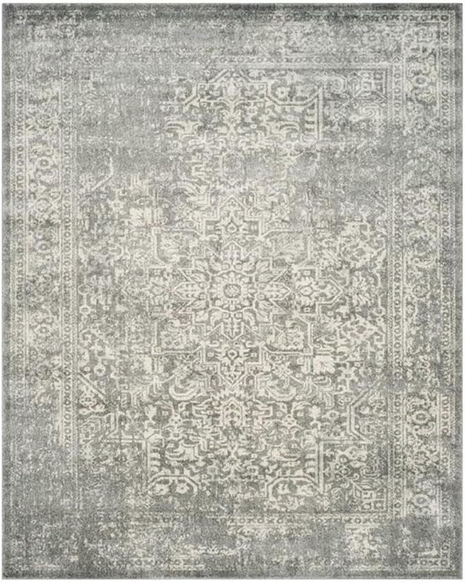 SAFAVIEH Evoke Collection Area Rug - 6'7" Square, Silver & Ivory, Distressed Design, Non-Shedding & Easy to Clean, Ideal for Living Room, Bedroom, Dining Space (EVK256S)