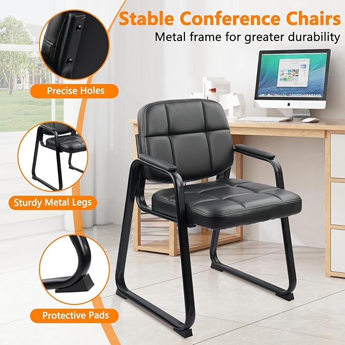 CLATINA Waiting Room Chairs no Wheels with Padded Arms Leather Guest Chair for Office Reception and Conference Desk with Sled Base Black, 4PK