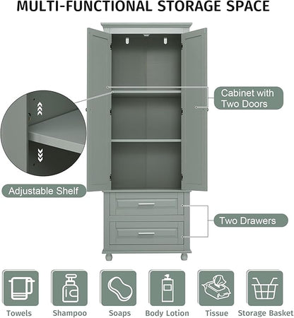 Polibi Tall Storage Cabinet with 2 Drawers, 3-Tier Adjustable Shelves & 2 Doors, Floor Freestanding Cabinet for Bathroom, Living Room, Grey
