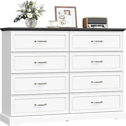 8 Drawer Dresser for Bedroom, 53" Wide Wooden Chest of Drawers, Rustic Farmhouse Dresser with Large Drawers & Metal Handles, Modern Storage Organizer for Closet, Living Room, Hallway, White
