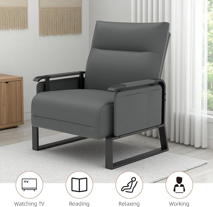 Upholstered Accent Chairs Set of 2, Modern Faux Leather Sofa Chairs with Foldable Side Tray Table & Storage Pocket, Small Accent Sofas for Living Room, Bedroom, Gray