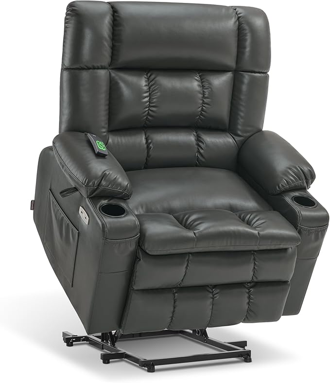 MCombo Dual Motor Power Lift Recliner Chair for Elderly, Lay Flat Lift Chair with Heat and Massage, Extra Wide Lift Recliner for Big People, Cup Holders, Faux Leather R7897 (Grey, Medium-Wide)