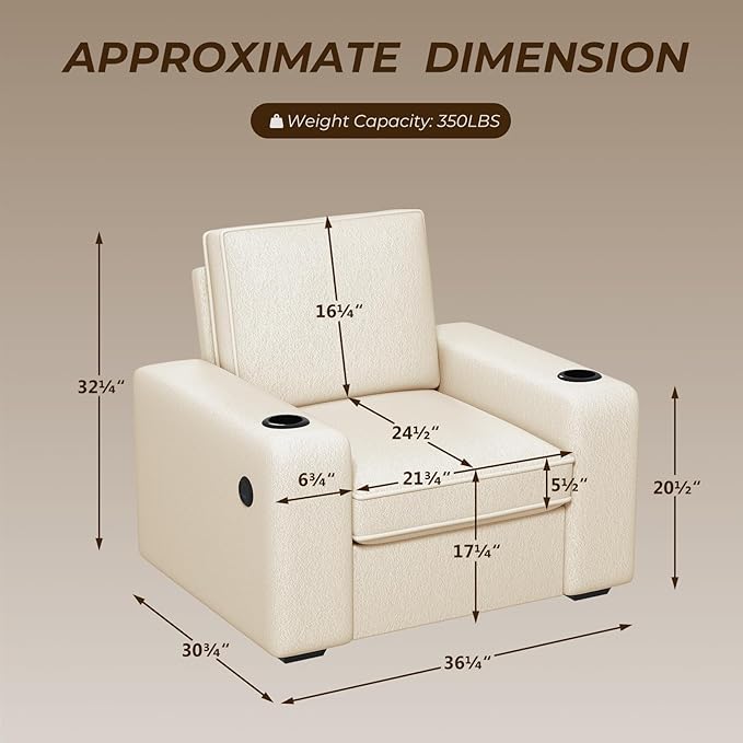 Furnimart 36" Wide Plush Accent Chair, Single Sofa with USB Charger & Cup Holder, Oversized Comfy Chair Tufted Terry Fabric, Ideal for Living Room, Bedroom, Apartment(Terry-Beige)