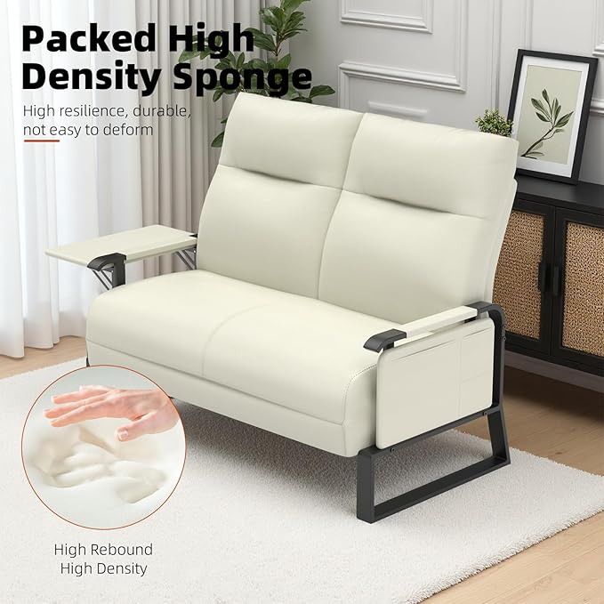 Faux Leather Loveseat, Upholstered Loveseat with Side Tray Table & Storage Pocket, Small Loveseat for Living Room, Modern 2 Seater Sofa Couch for Small Spaces, Bedroom, Beige