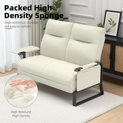 Faux Leather Loveseat, Upholstered Loveseat with Side Tray Table & Storage Pocket, Small Loveseat for Living Room, Modern 2 Seater Sofa Couch for Small Spaces, Bedroom, Beige